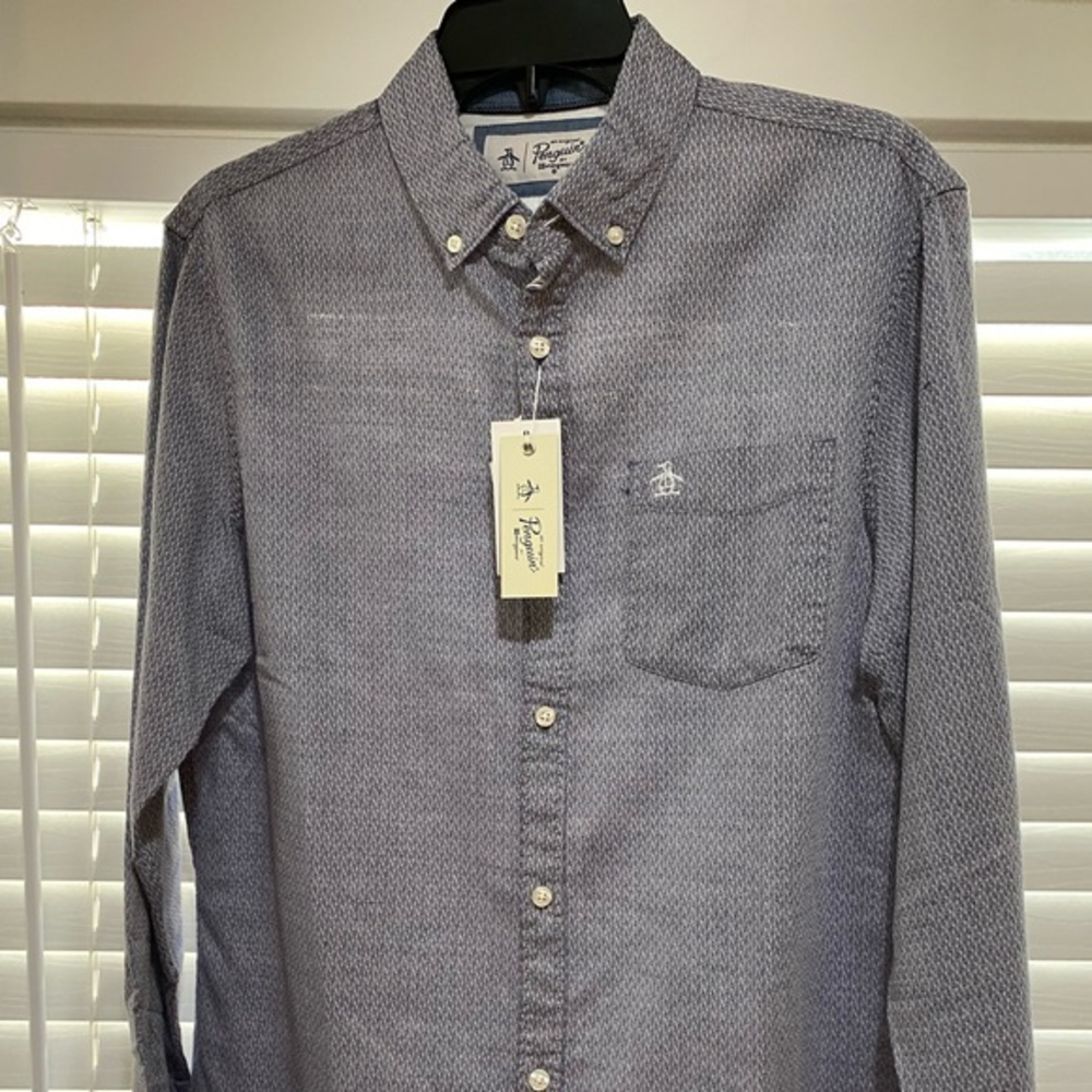 Original Penguin Mens Button Down Long Sleeve Geometric Print Shirt Blue‎ White